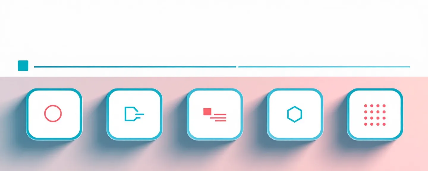 Horizontal grid of six tile feature icons in teal stroke with one coral-highlighted tile on cool-white