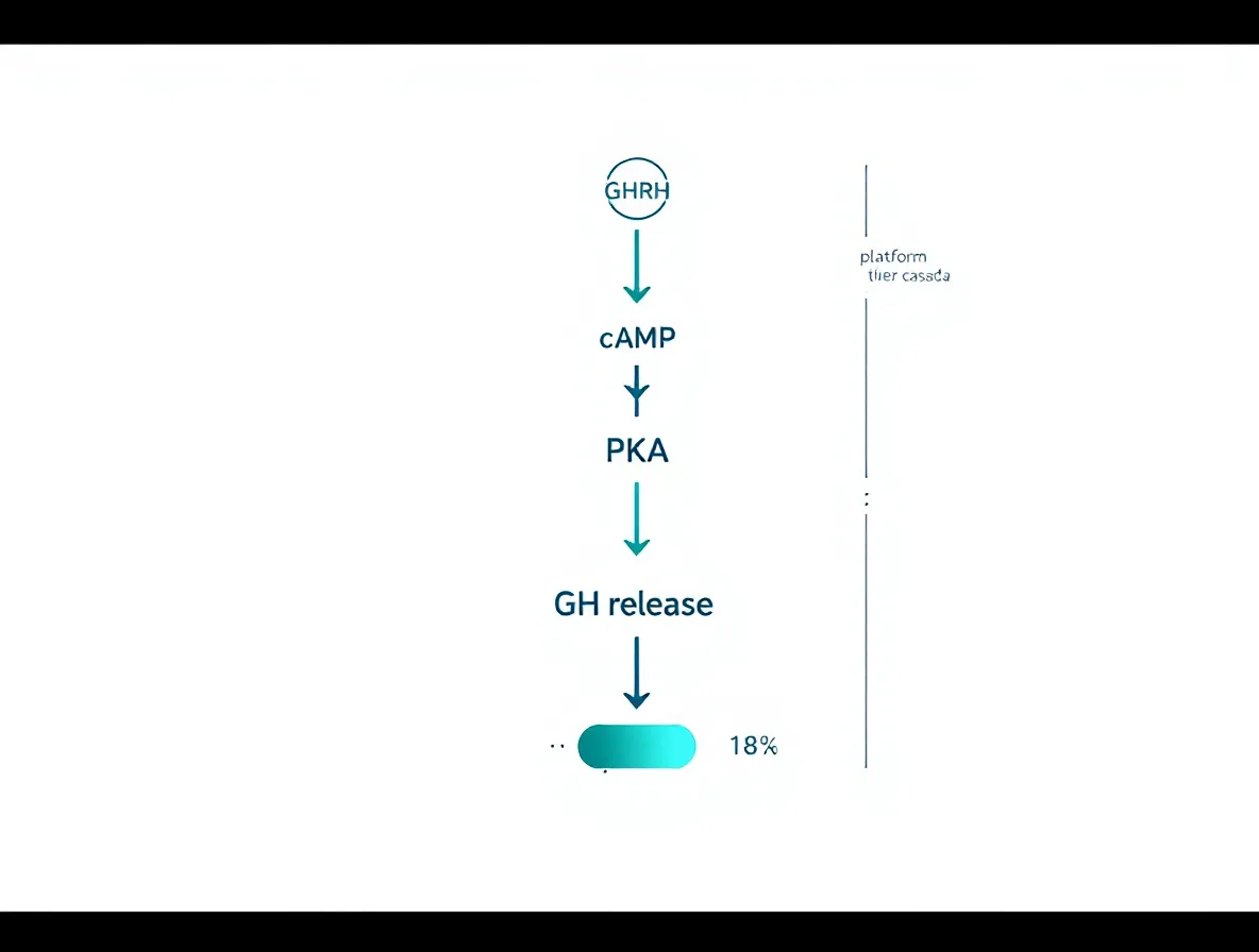 Descending cascade diagram of four geometric nodes representing GHRH-receptor agonism through cAMP, PKA, and GH release